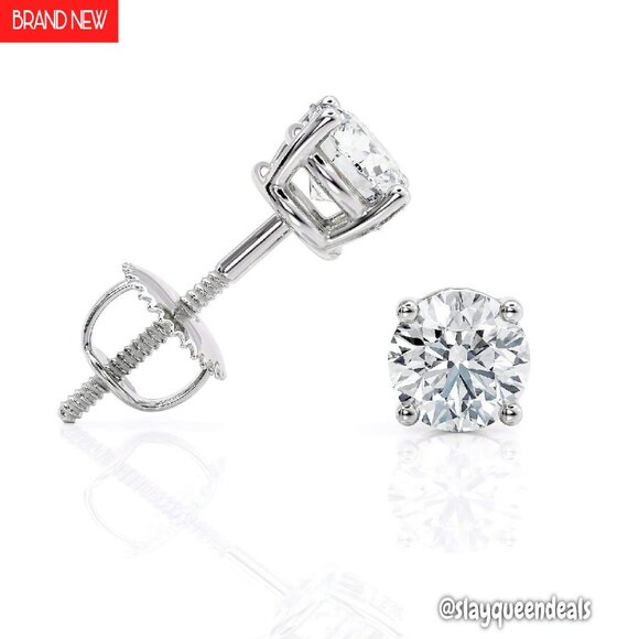 1 Carat Lab Grown Diamond Stud Earrings 14k White Gold Screw Back
